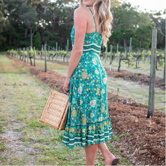 SOLD 🔴 Boho Buys long dress Printed floral fits XS, S green yellow blue - Picture 13 of 16